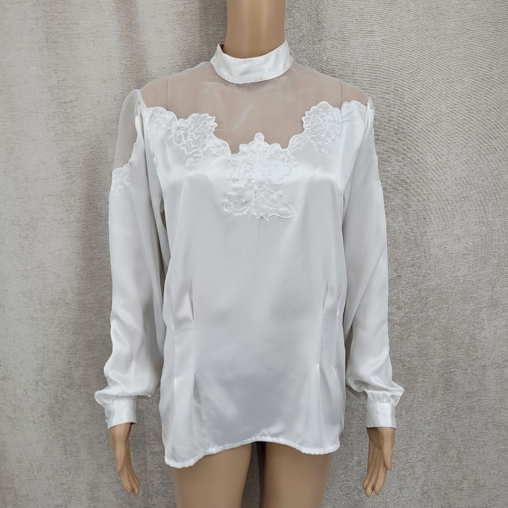 Susan Hutton Vintage White Satin Sheer Mesh Long Sleeve Blouse Women's Plus Size